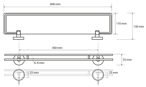 Sapho Sapho, X-ROUND E polička sklenená s výklopnou hrazdou 600x130mm, mliečne sklo, chróm, XR600