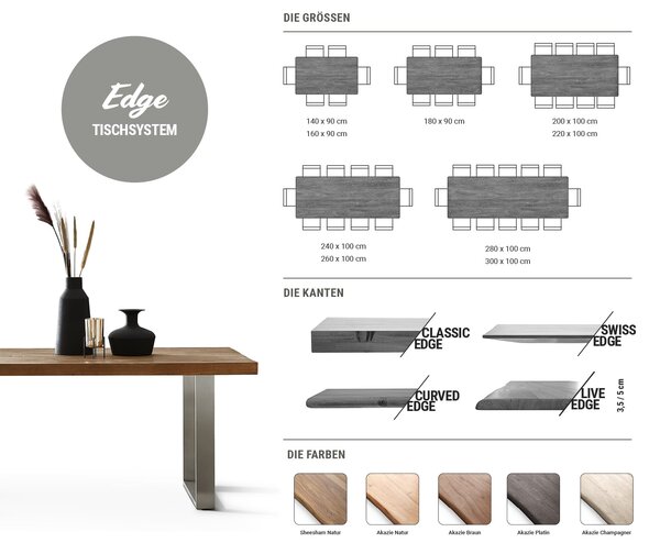 DELIFE Jedálenský stôl Edge 200x100 akácia prírodná nerezová oceľ úzky švajčiarska hrana