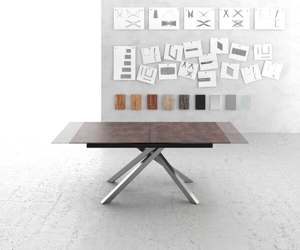 DELIFE Jedálenský stôl Edge 180/220x90 cm sklo koňaková podstava v tvare kríža obdĺžniková nerezová oceľ rozkladací