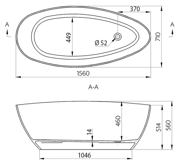 Gelco Gelco, ELIPSIE - vaňa, 1570x700x560mm, liaty mramor, objem 260l, biela lesk, GVEL1570