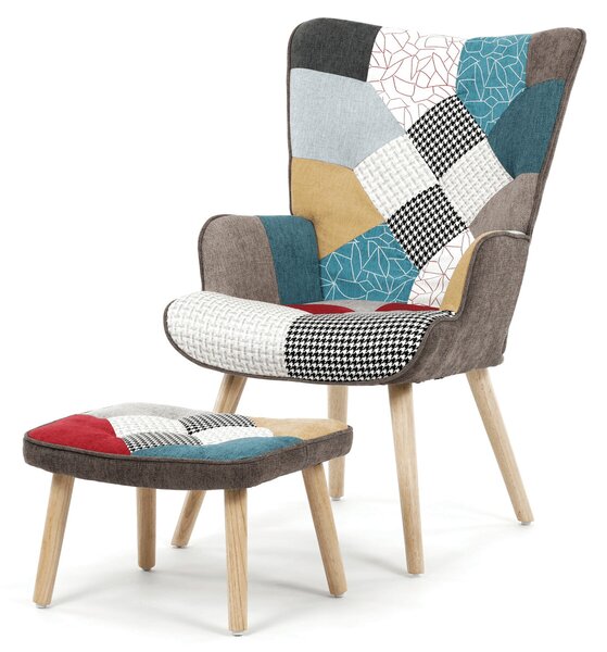 Štýlové kreslo ušiak s praktickou podnožou v patchwork prevedení, nôžky a konštrukcia z masívneho dreva v natural prevedení