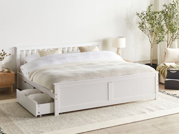 Posteľ biela borovicové drevo MDF 180 x 200 cm s čelom úložný priestor 2 zásuvky minimalistický škandinávsky štýl spálňa