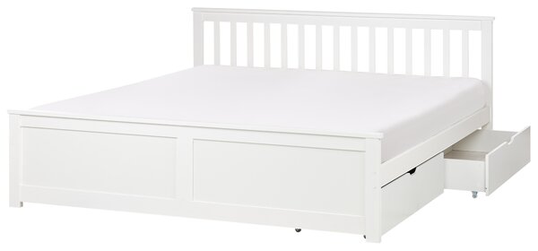 Posteľ biela borovicové drevo MDF 180 x 200 cm s čelom úložný priestor 2 zásuvky minimalistický škandinávsky štýl spálňa