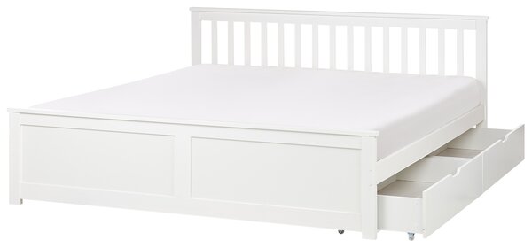 Posteľ biela borovicové drevo MDF 180 x 200 cm s čelom úložný priestor 2 zásuvky minimalistický škandinávsky štýl spálňa