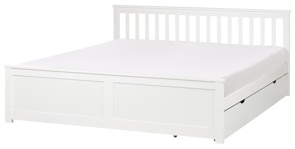 Posteľ biela borovicové drevo MDF 180 x 200 cm s čelom úložný priestor 2 zásuvky minimalistický škandinávsky štýl spálňa