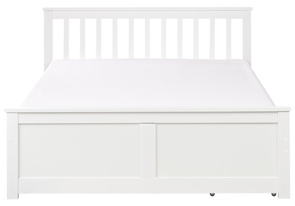 Posteľ biela borovicové drevo MDF 140 x 200 cm s čelom úložný priestor 2 zásuvky minimalistický škandinávsky štýl spálňa detská izba