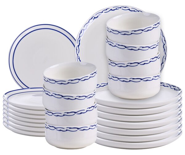 24-dielna súprava porcelánového jedálenského riadu biela s modrým okrajom glazúrovaná ručne vyrobená sada riadu jedáleň kuchyňa