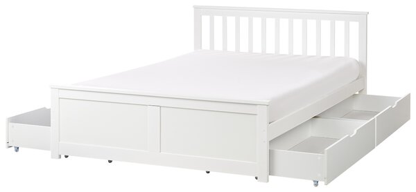 Posteľ biela borovicové drevo MDF 140 x 200 cm s čelom úložný priestor 4 zásuvky minimalistický škandinávsky štýl spálňa detská izba