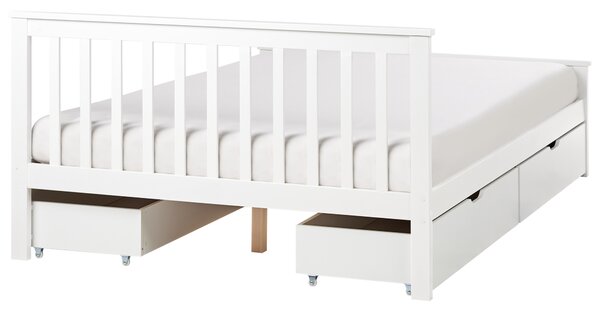 Posteľ biela borovicové drevo MDF 140 x 200 cm s čelom úložný priestor 4 zásuvky minimalistický škandinávsky štýl spálňa detská izba