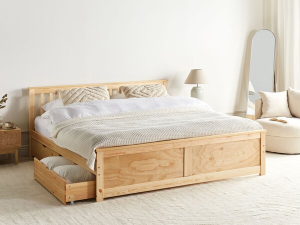 Posteľ svetlohnedá borovicové drevo MDF 160 x 200 cm s čelom úložný priestor 4 zásuvky minimalistický škandinávsky štýl spálňa