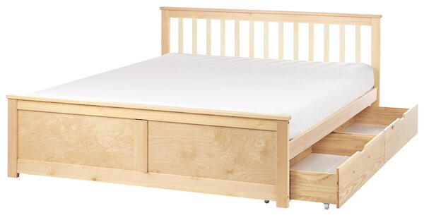 Posteľ svetlohnedá borovicové drevo MDF 160 x 200 cm s čelom úložný priestor 2 zásuvky minimalistický škandinávsky štýl spálňa
