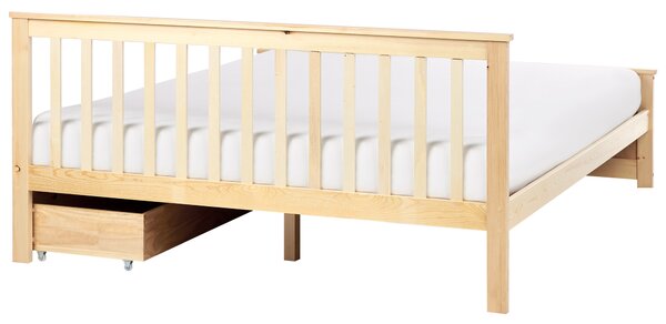 Posteľ svetlohnedá borovicové drevo MDF 160 x 200 cm s čelom úložný priestor 2 zásuvky minimalistický škandinávsky štýl spálňa