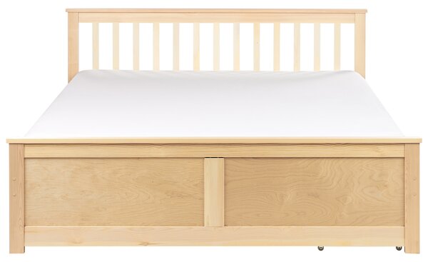 Posteľ svetlohnedá borovicové drevo MDF 160 x 200 cm s čelom úložný priestor 2 zásuvky minimalistický škandinávsky štýl spálňa