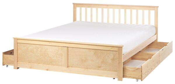 Posteľ svetlohnedá borovicové drevo MDF 160 x 200 cm s čelom úložný priestor 4 zásuvky minimalistický škandinávsky štýl spálňa