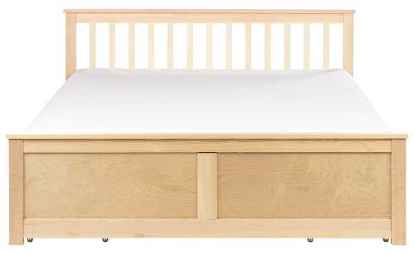 Posteľ svetlohnedá borovicové drevo MDF 160 x 200 cm s čelom úložný priestor 4 zásuvky minimalistický škandinávsky štýl spálňa