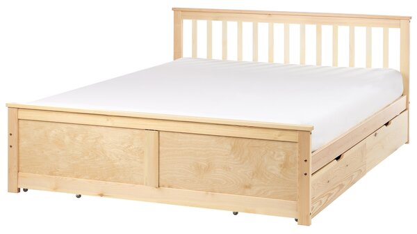 Posteľ svetlohnedá borovicové drevo MDF 160 x 200 cm s čelom úložný priestor 4 zásuvky minimalistický škandinávsky štýl spálňa