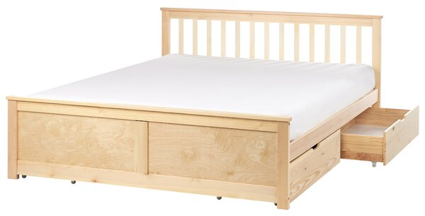 Posteľ svetlohnedá borovicové drevo MDF 160 x 200 cm s čelom úložný priestor 4 zásuvky minimalistický škandinávsky štýl spálňa