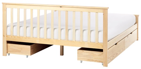 Posteľ svetlohnedá borovicové drevo MDF 160 x 200 cm s čelom úložný priestor 4 zásuvky minimalistický škandinávsky štýl spálňa
