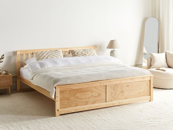Posteľ svetlohnedá borovicové drevo MDF 160 x 200 cm s čelom minimalistický škandinávsky štýl spálňa