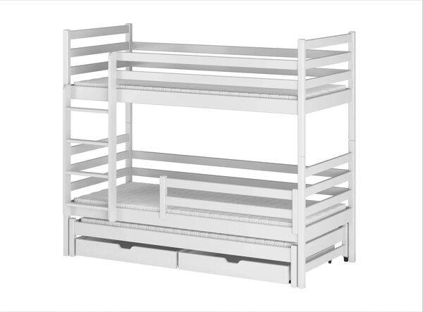MAXMAX Detská poschodová posteľ z masívu borovice LUKÁŠ s prístelkou a šuplíky - 200x90 cm - biela