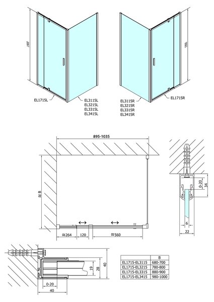 Polysan Polysan, EASY LINE otočné sprchové dvere 880-1020mm, číre sklo, EL1715