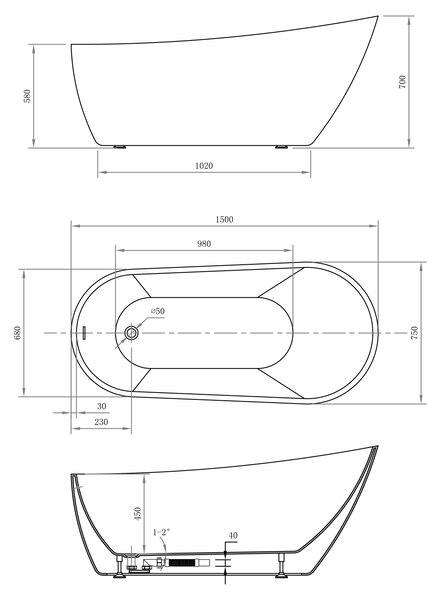 Aqualine Aqualine, TISA voľne stojaca vaňa 150x75 cm, biela, E1575