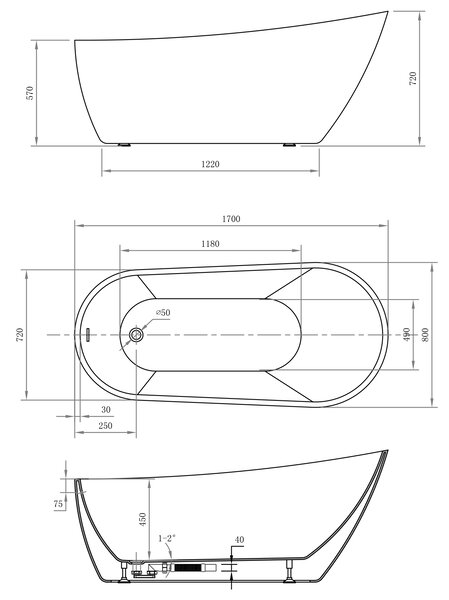 Aqualine Aqualine, TISA voľne stojaca vaňa 170x80 cm, biela, E1780