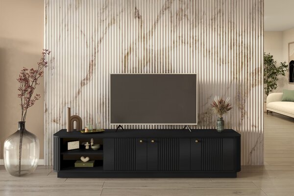 TV skrinka Vespera 3D 187 cm na sokli - čierna / zlatá