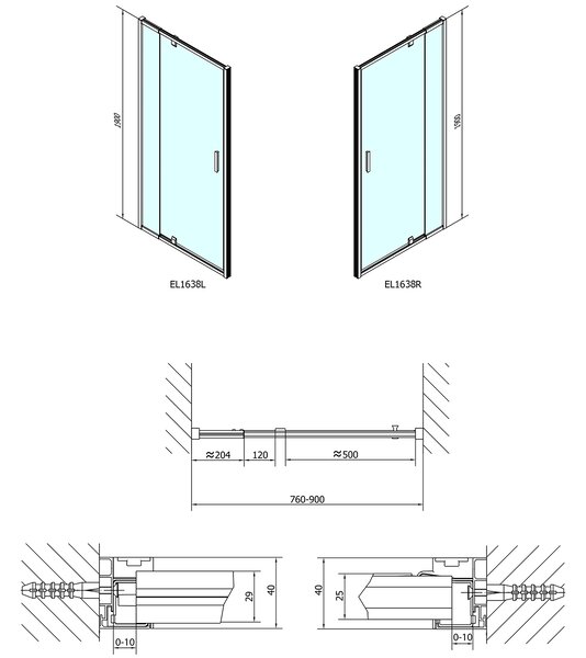 Polysan Polysan, EASY LINE otočné sprchové dvere 760-900mm, sklo Brick, EL1638