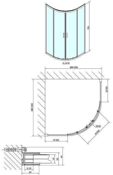 Polysan Polysan, EASY LINE štvrťkruhová sprchová zástena 900x900mm, sklo BRICK, EL2638
