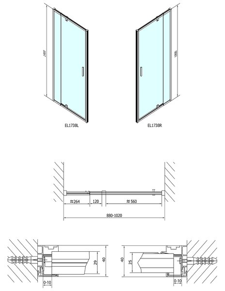 Polysan Polysan, EASY LINE otočné sprchové dvere 880-1020mm, sklo BRICK, EL1738