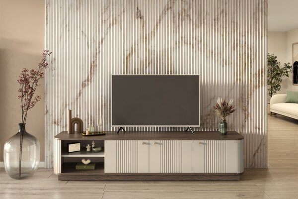 TV skrinka Vespera 3D 187 cm na sokli - kašmírová / orech / zlatá