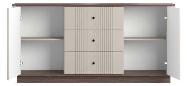 Komoda Vesper 160 cm so zásuvkami na sokli - kašmír / orech / čierne úchytky