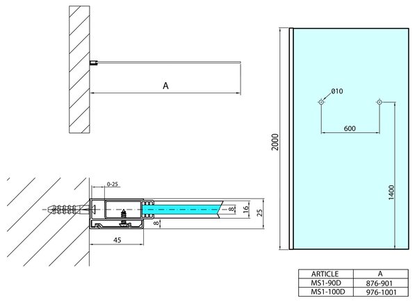 Polysan Polysan, MODULAR SHOWER stena na inštaláciu na múr, jednodielna, 900 mm, s otvormi na držiak uterákov, MS1-90-D