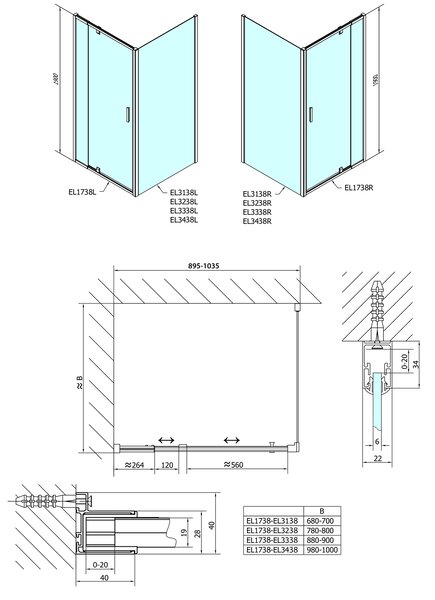 Polysan Polysan, Easy Line obdĺžniková/štvorcová sprchová zástena pivot dvere 900-1000x900mm L/P,brick sklo, EL1738EL3338