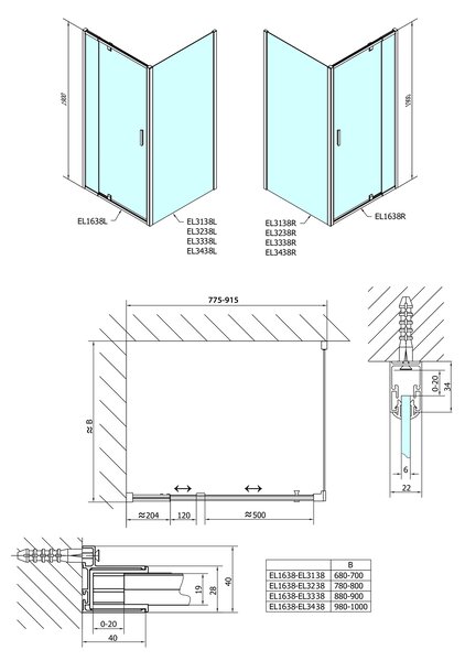 Polysan Polysan, Easy Line obdĺžniková sprchová zástena pivot dvere 800-900x700mm L/P varianta, sklo Brick, EL1638EL3138