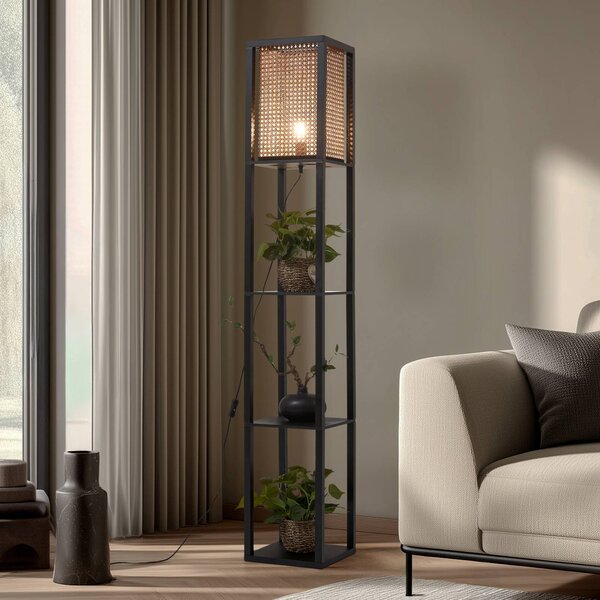 Lindby Stojacia lampa Birta, čierna/prírodná, polička, ratan, Čierna, Obývacia izba / jedáleň, Drevo, Moderný