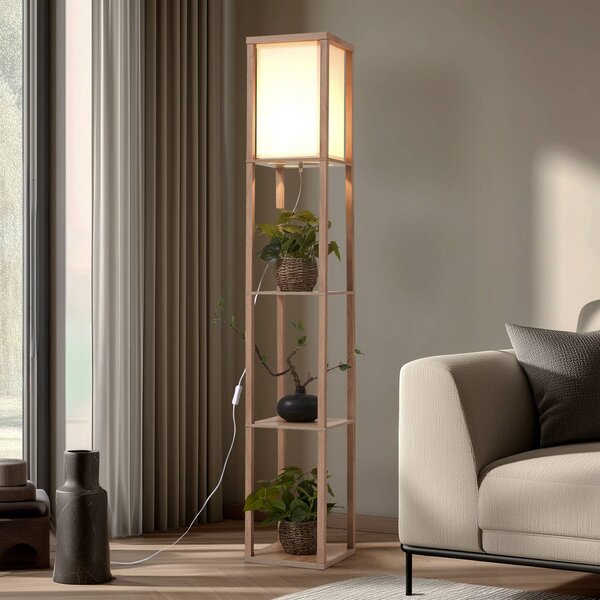 Lindby Stojacia lampa Birta, farba dreva/biela, polička, drevo, Svetlé drevo, Obývacia izba / jedáleň, Drevo, Moderný