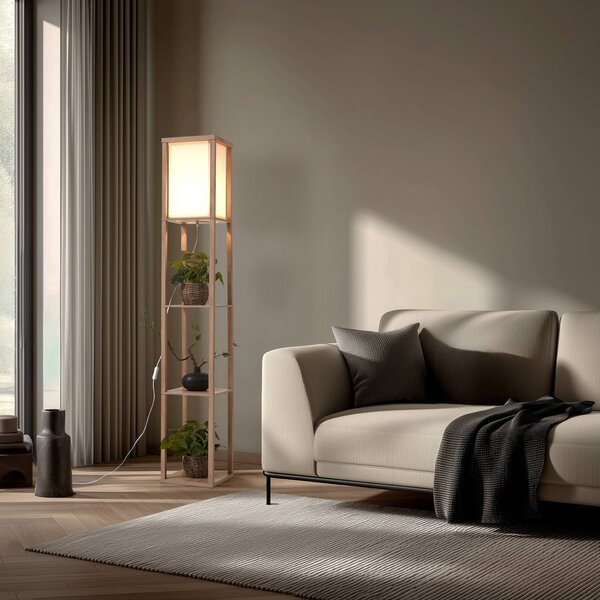 Lindby Stojacia lampa Birta, farba dreva/biela, polička, drevo, Svetlé drevo, Obývacia izba / jedáleň, Drevo, Moderný