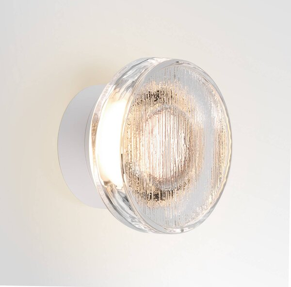 MARSET LED vonkajšie nástenné svietidlo Roc, Ø 17 cm, biela/priehľadná, Biela / opálová, Hliník, Dizajn, Nástenné svietidlo