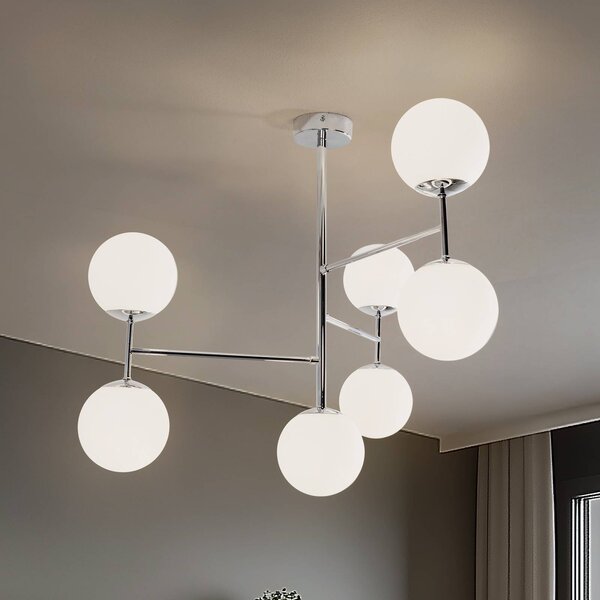 Stropné svietidlo Korek, chróm/biela, sklo, 75 cm, 7-pl., E14, Biela / opálová, Obývacia izba / jedáleň, Sklo, Moderný, Stropné svetlo