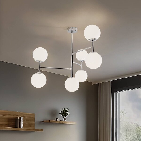 Stropné svietidlo Korek, chróm/biela, sklo, 75 cm, 7-pl., E14, Biela / opálová, Obývacia izba / jedáleň, Sklo, Moderný, Stropné svetlo