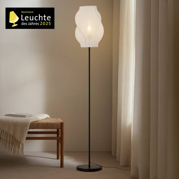 Lucande stojacia lampa Tovina, textil, biele, výška 165 cm, Biela / opálová, Obývacia izba / jedáleň, Textil / látka / hodváb, Škandinávsky, Stojaca lampa