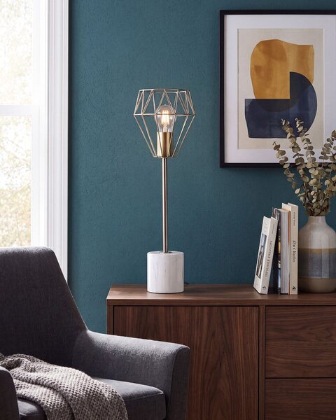 Stolná lampa biela mosadzná 49 cm kovové tienidlo tvar diamantu okrúhly stojan mramorový vzhľad obývačka spálňa