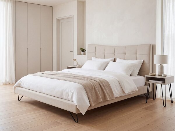 Posteľ béžová polyester čalúnený rám 180 x 200 cm kovové nohy prešívané čelo spálňa