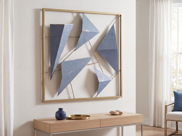 Nástenná dekorácia zlatá modrá kov 50 x 50 cm štvorcový tvar opotrebovaný vzhľad 3D geometrický dizajn moderný štýl obývačka spálňa