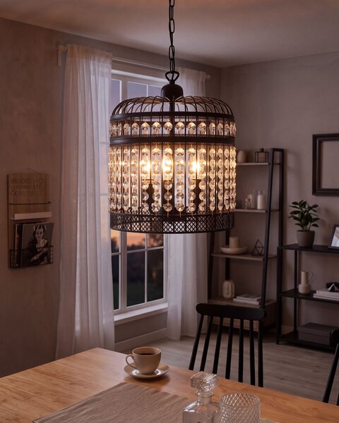 Luster čierna priehľadná železo PVC matný povrch s krištáľmi závesná lampa glamour štýl obývačka jedáleň