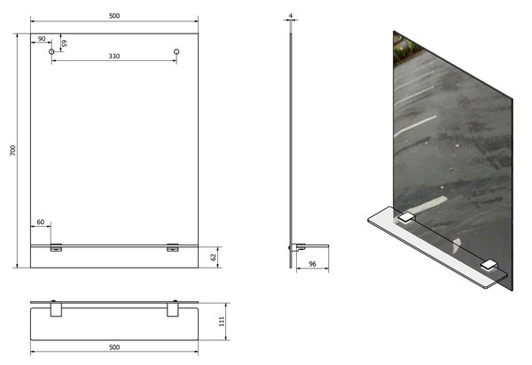 Aqualine Aqualine, Zrkadlo 50x70cm, vrátane závesov a otvorov pre polici, 22429