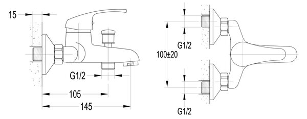 Aqualine, AQUALINE 35 Nástenná vaňová batéria, rozteč 100mm, chrómová, 52158