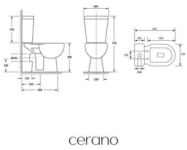 CERANO - WC kombi Dure, Rimless + PP sedátko - biela lesklá - 73,5x38 cm
